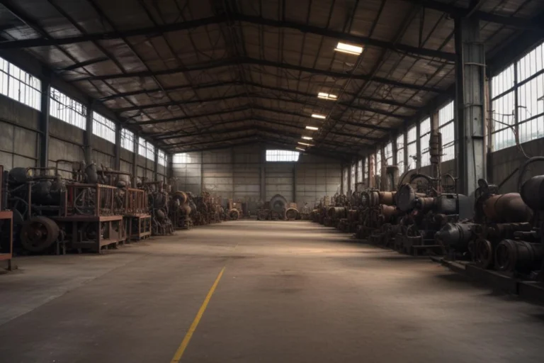 Galpão industrial amplo e vazio, com máquinas nas laterais e piso de concreto