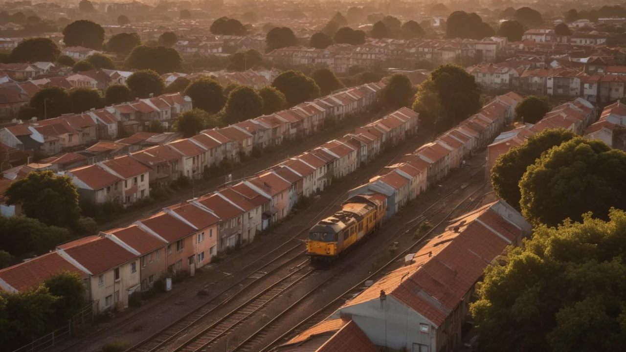 Vista aérea de trilhos de ferrovia cruzando uma área urbana ao amanhecer