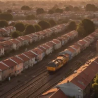 Vista aérea de trilhos de ferrovia cruzando uma área urbana ao amanhecer