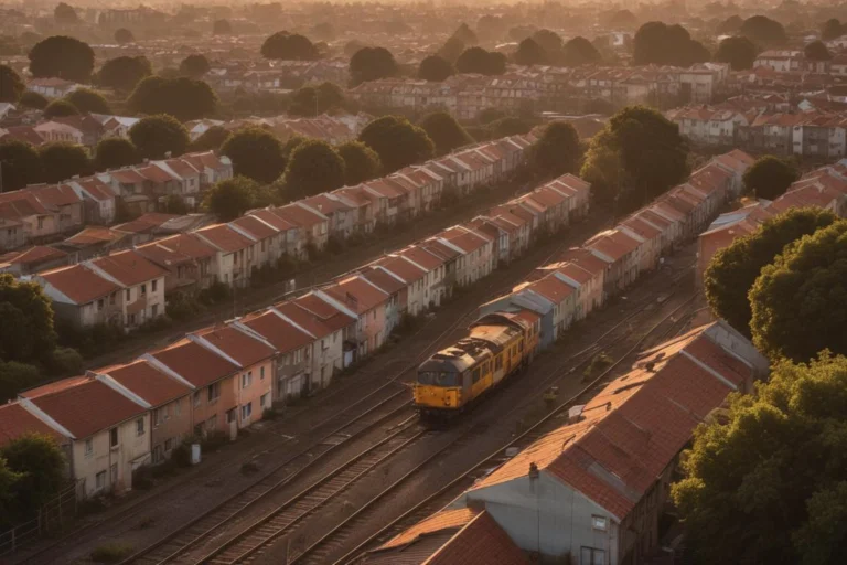 Vista aérea de trilhos de ferrovia cruzando uma área urbana ao amanhecer