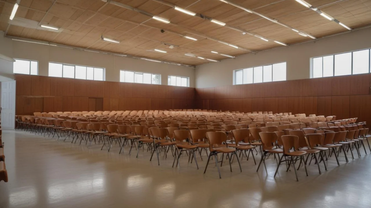 Sala ampla de formação com carteiras enfileiradas, iluminada por luz natural