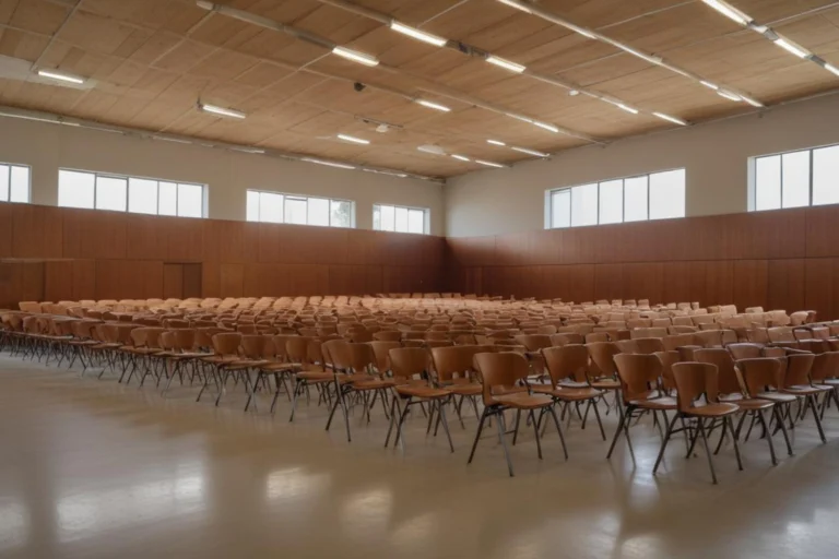 Sala ampla de formação com carteiras enfileiradas, iluminada por luz natural