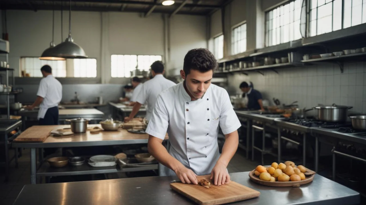 Cozinha industrial de escola de gastronomia, com bancadas de inox e alunos em aula prática