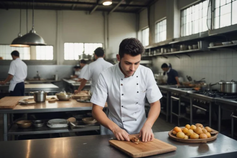 Cozinha industrial de escola de gastronomia, com bancadas de inox e alunos em aula prática