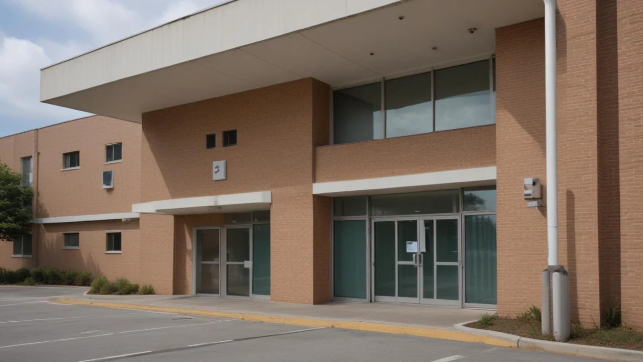 Entrada de emergência de hospital de médio porte com portas de vidro e estacionamento vazio