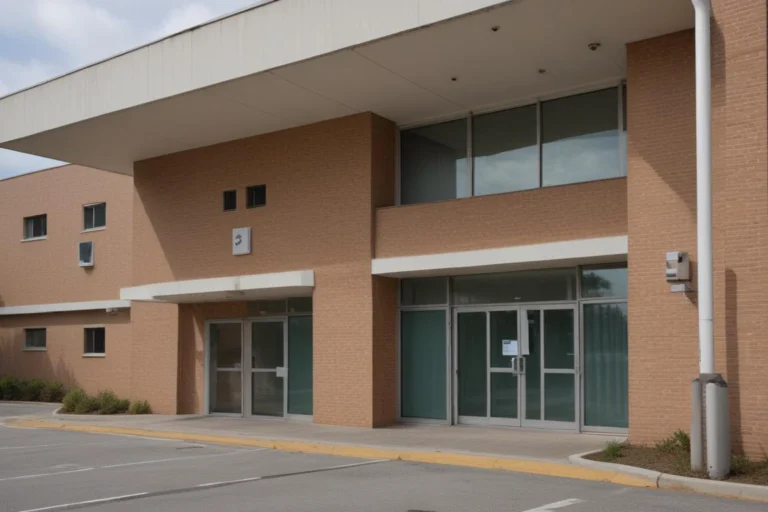 Entrada de emergência de hospital de médio porte com portas de vidro e estacionamento vazio