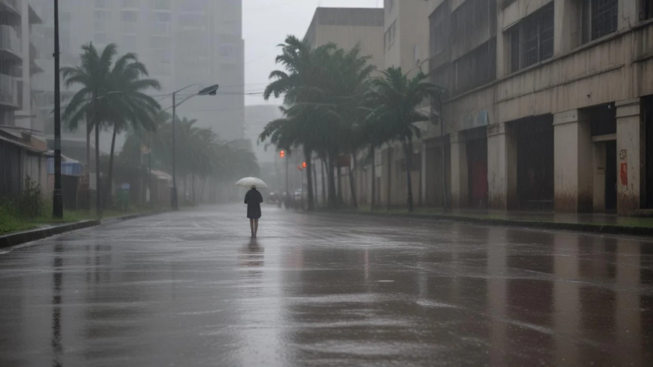 Rua molhada e vazia sob chuva forte, com uma pessoa caminhando de guarda-chuva ao fundo