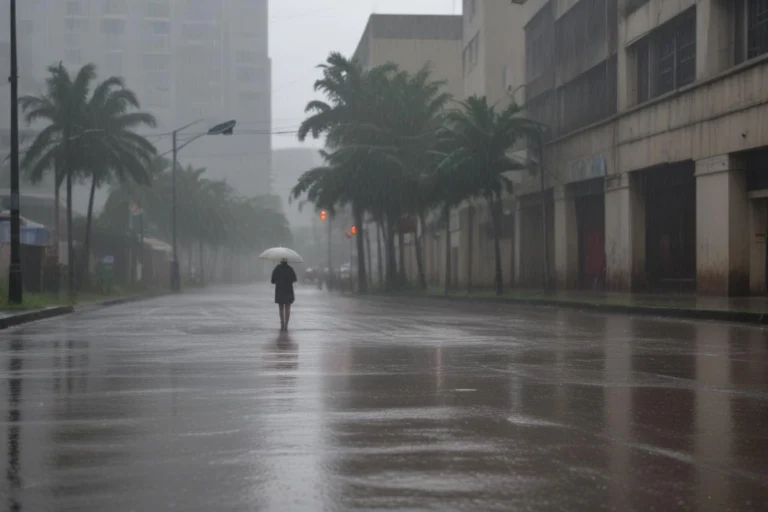 Rua molhada e vazia sob chuva forte, com uma pessoa caminhando de guarda-chuva ao fundo