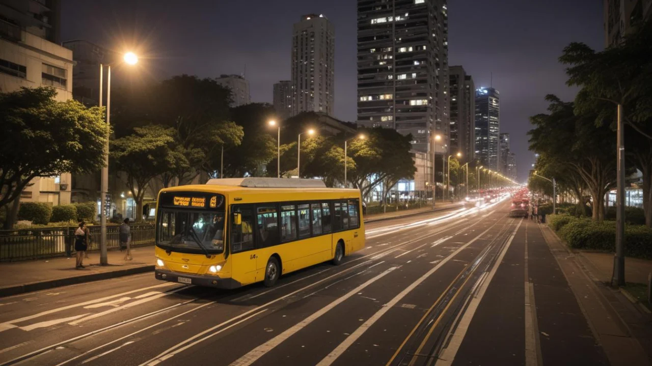 Ônibus e cones de obra em uma avenida urbana sob céu nublado.