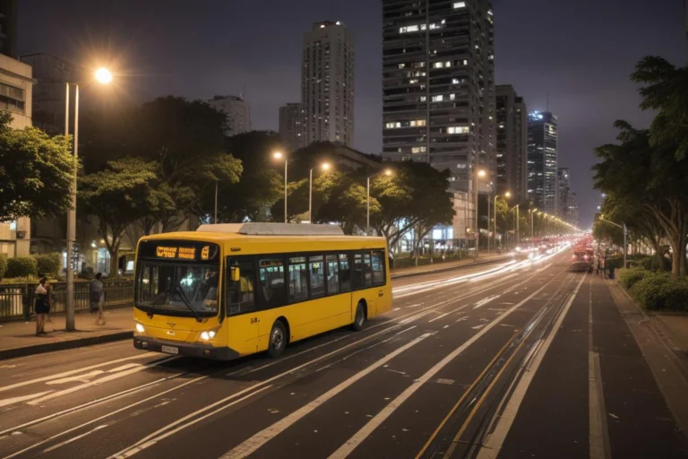 Ônibus e cones de obra em uma avenida urbana sob céu nublado.