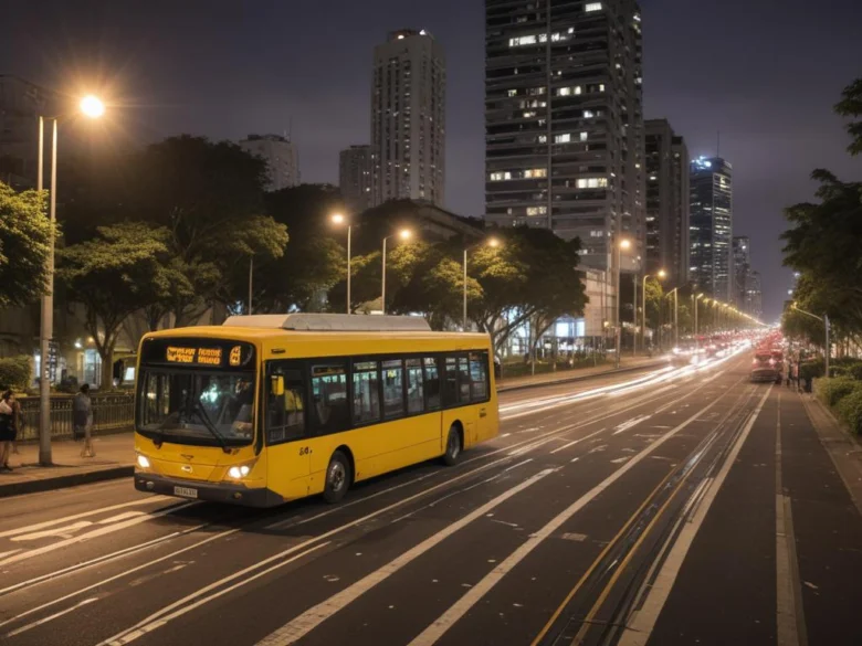 Ônibus e cones de obra em uma avenida urbana sob céu nublado.