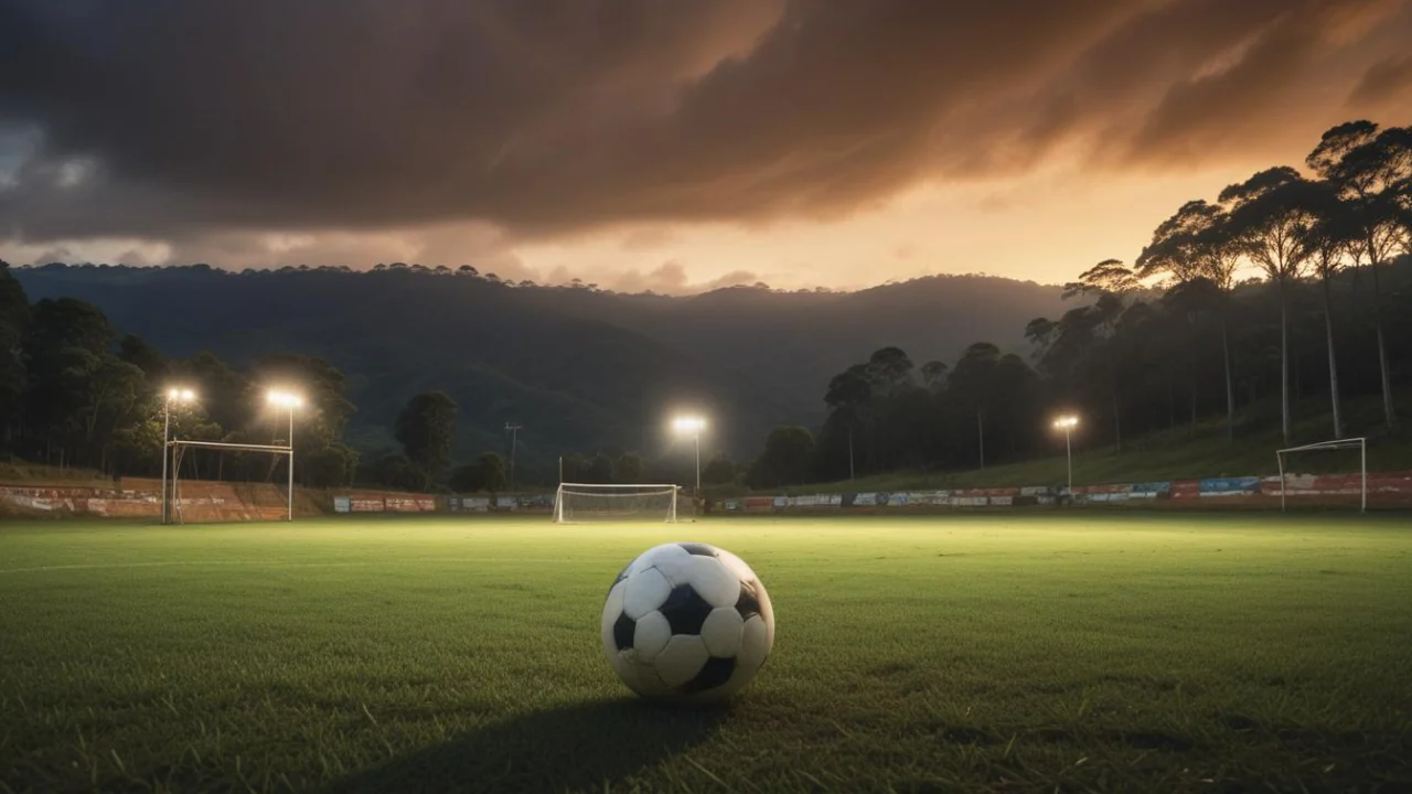 Campo de futebol vazio, com bola no gramado e trave ao fundo