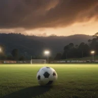 Campo de futebol vazio, com bola no gramado e trave ao fundo