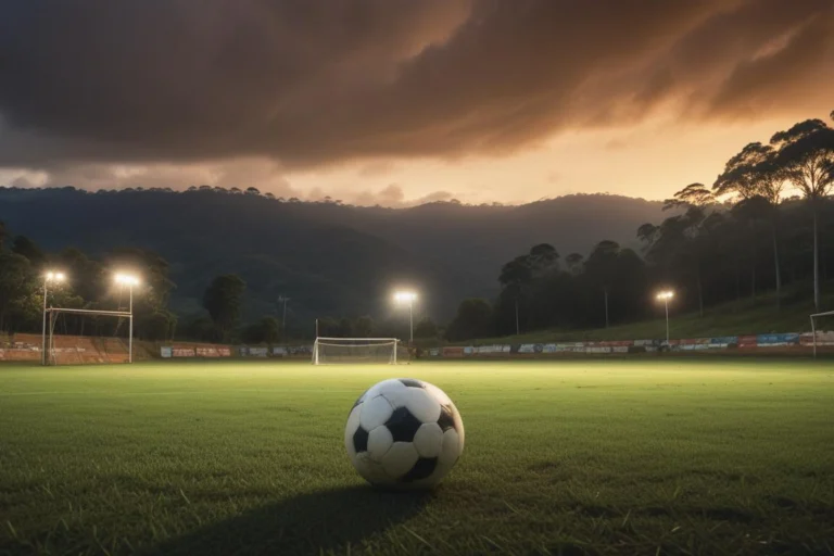 Campo de futebol vazio, com bola no gramado e trave ao fundo