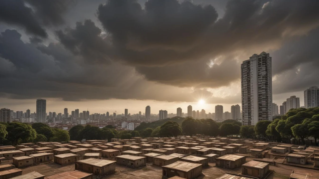 Praça em Santo André sob céu com muitas nuvens e aberturas de sol