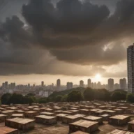 Praça em Santo André sob céu com muitas nuvens e aberturas de sol