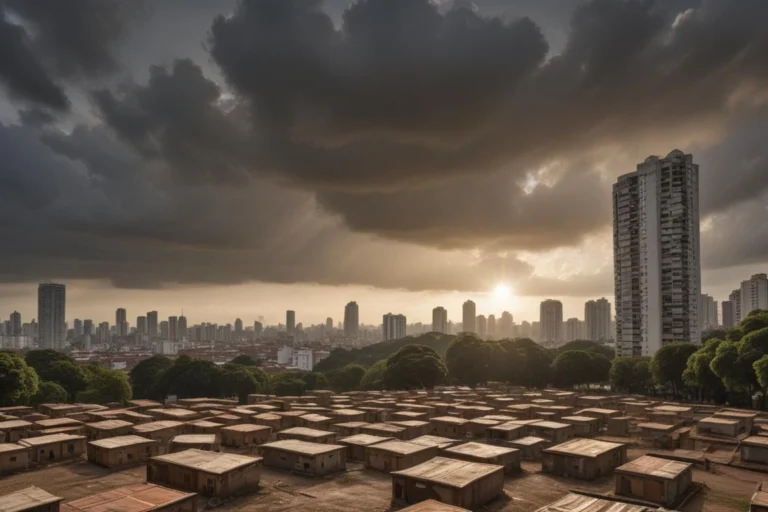 Praça em Santo André sob céu com muitas nuvens e aberturas de sol
