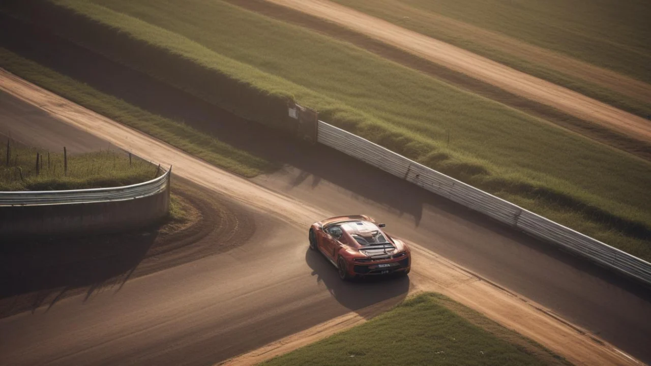 Pista de automobilismo vazia com curva, gramado e arquibancadas sob céu nublado.