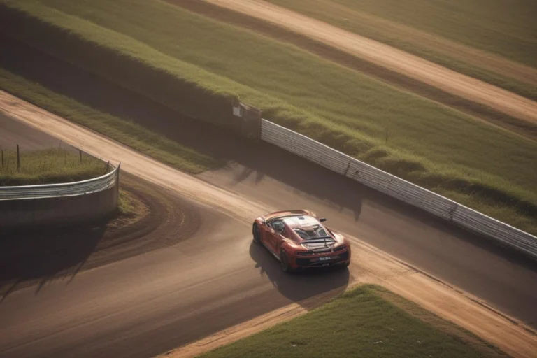 Pista de automobilismo vazia com curva, gramado e arquibancadas sob céu nublado.