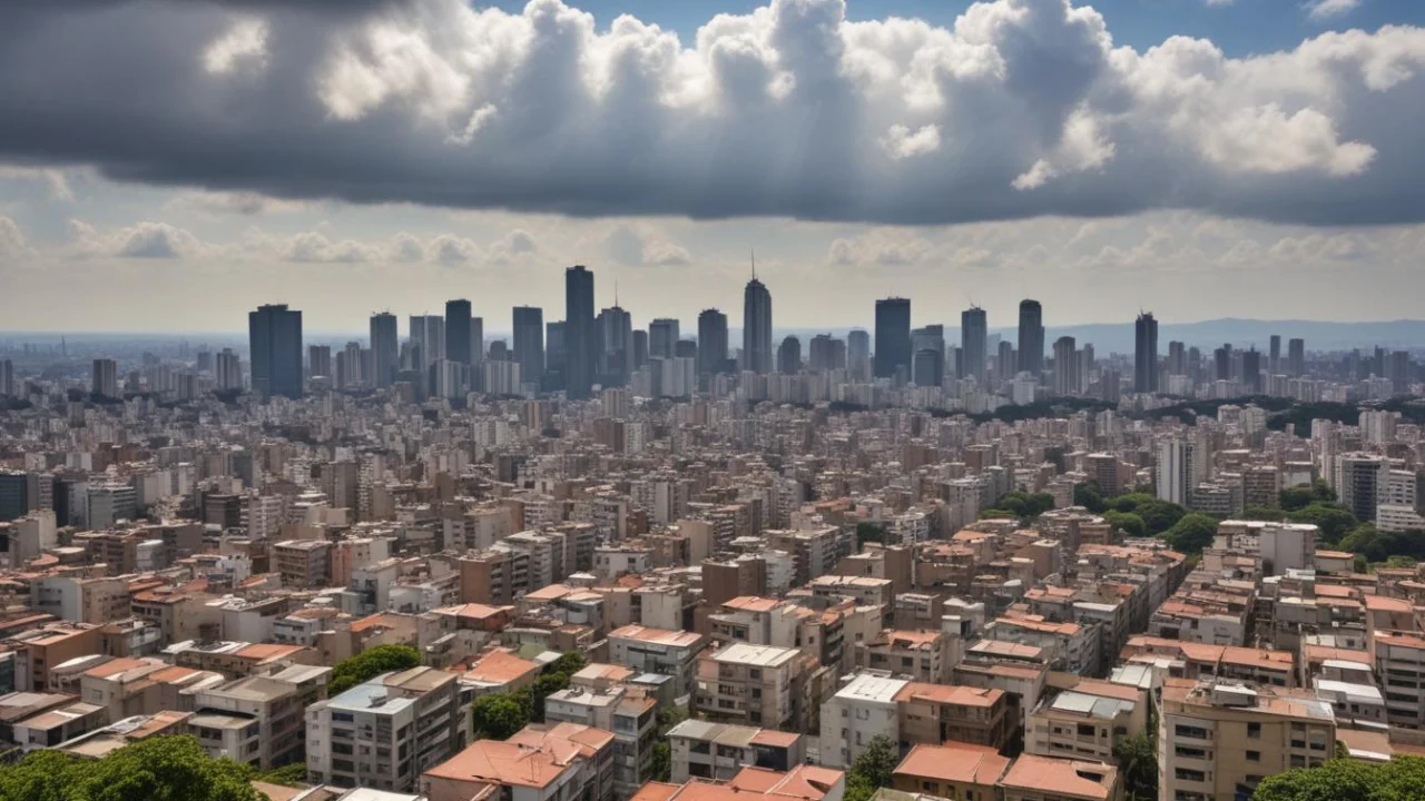 Vista de São Paulo com edifícios, calçada arborizada e céu com muitas nuvens e aberturas de sol.