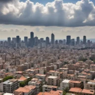 Vista de São Paulo com edifícios, calçada arborizada e céu com muitas nuvens e aberturas de sol.
