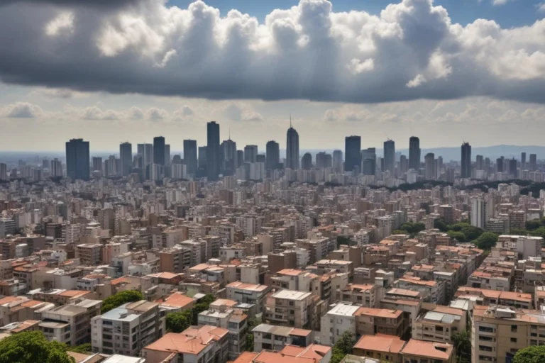 Vista de São Paulo com edifícios, calçada arborizada e céu com muitas nuvens e aberturas de sol.