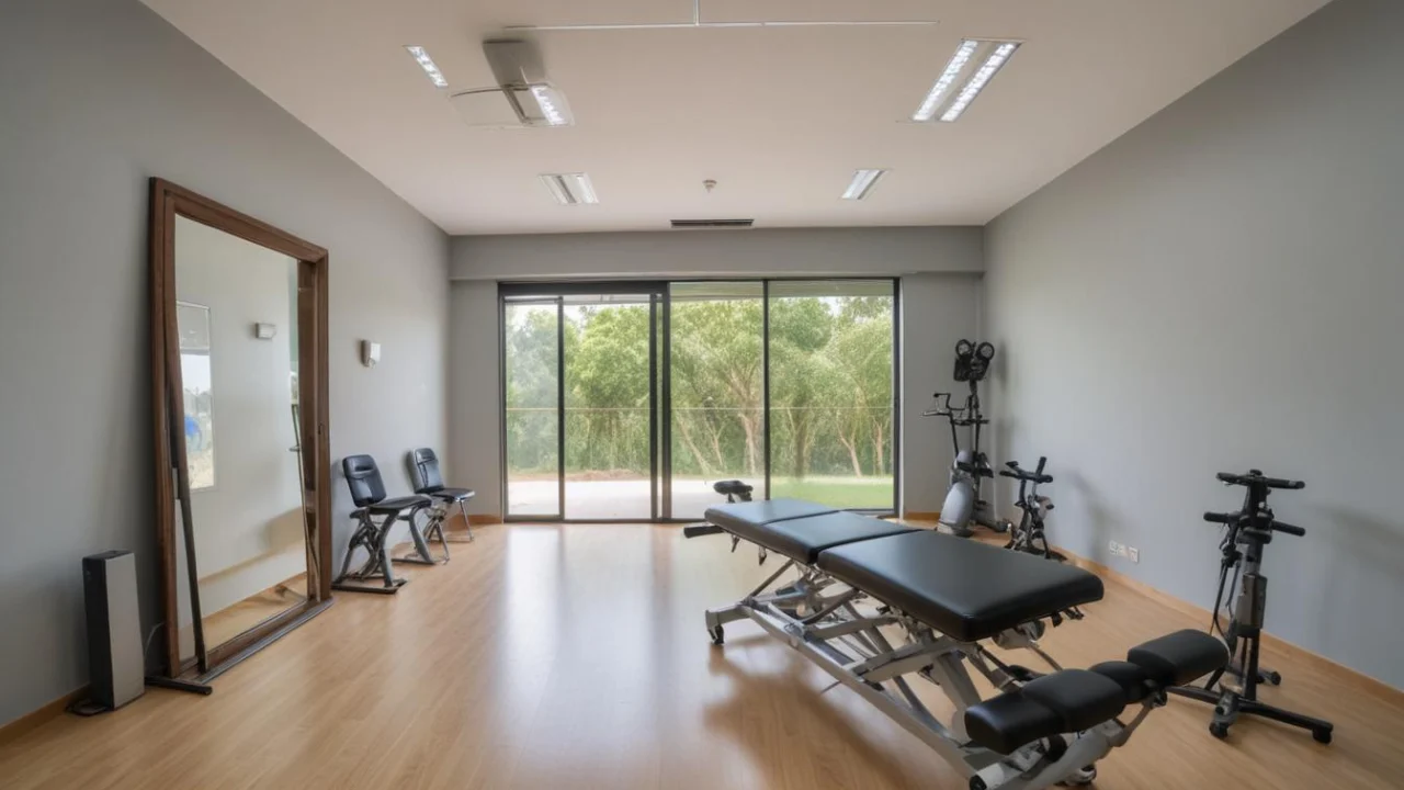 Sala de fisioterapia de clínica pública, com maca de atendimento e equipamentos, sob luz natural da manhã