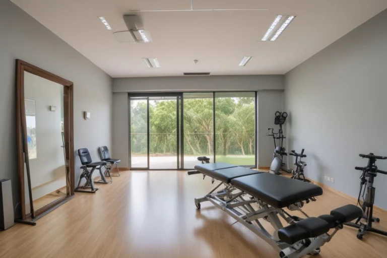 Sala de fisioterapia de clínica pública, com maca de atendimento e equipamentos, sob luz natural da manhã