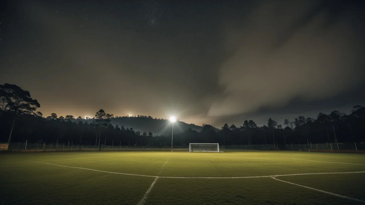 Campo de futebol amador à noite, com bola no gramado e refletores acesos.