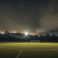 Campo de futebol amador à noite, com bola no gramado e refletores acesos.