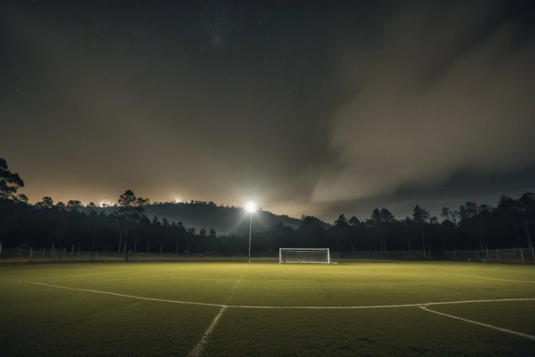 Campo de futebol amador à noite, com bola no gramado e refletores acesos.