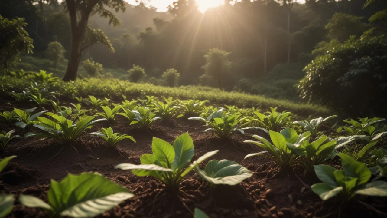 Plantação de café jovem em fileiras ao amanhecer, com montanhas ao fundo
