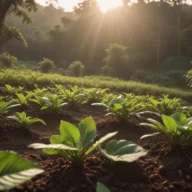 Plantação de café jovem em fileiras ao amanhecer, com montanhas ao fundo
