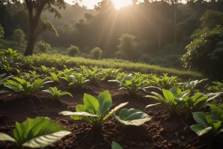 Plantação de café jovem em fileiras ao amanhecer, com montanhas ao fundo