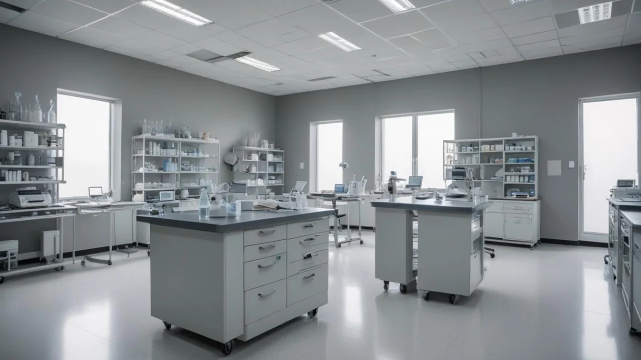 Laboratório de análises clínicas com bancadas, estantes de tubos de ensaio e microscópio