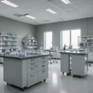Laboratório de análises clínicas com bancadas, estantes de tubos de ensaio e microscópio
