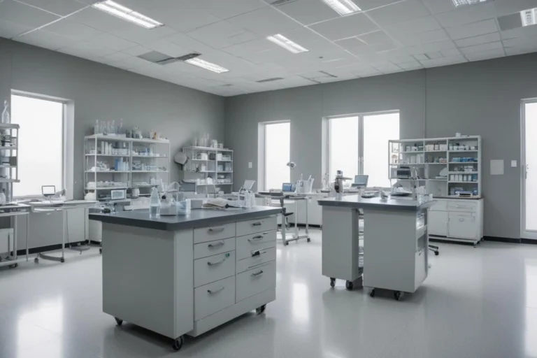 Laboratório de análises clínicas com bancadas, estantes de tubos de ensaio e microscópio