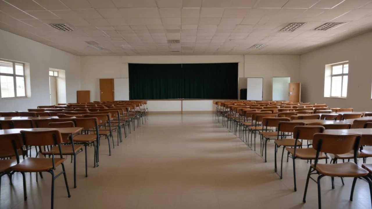 Sala ampla de escola municipal com carteiras enfileiradas e janelas com luz natural