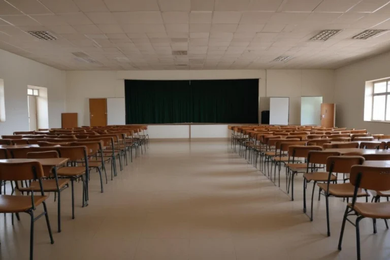 Sala ampla de escola municipal com carteiras enfileiradas e janelas com luz natural