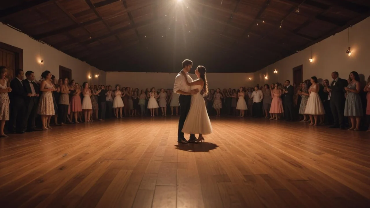 Casal dançando em salão de piso de madeira com convidados ao redor, em noite de dança