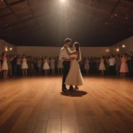 Casal dançando em salão de piso de madeira com convidados ao redor, em noite de dança