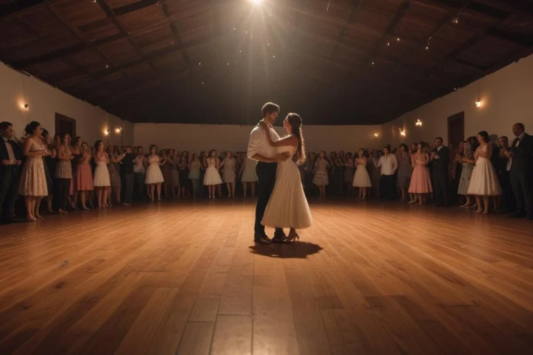 Casal dançando em salão de piso de madeira com convidados ao redor, em noite de dança