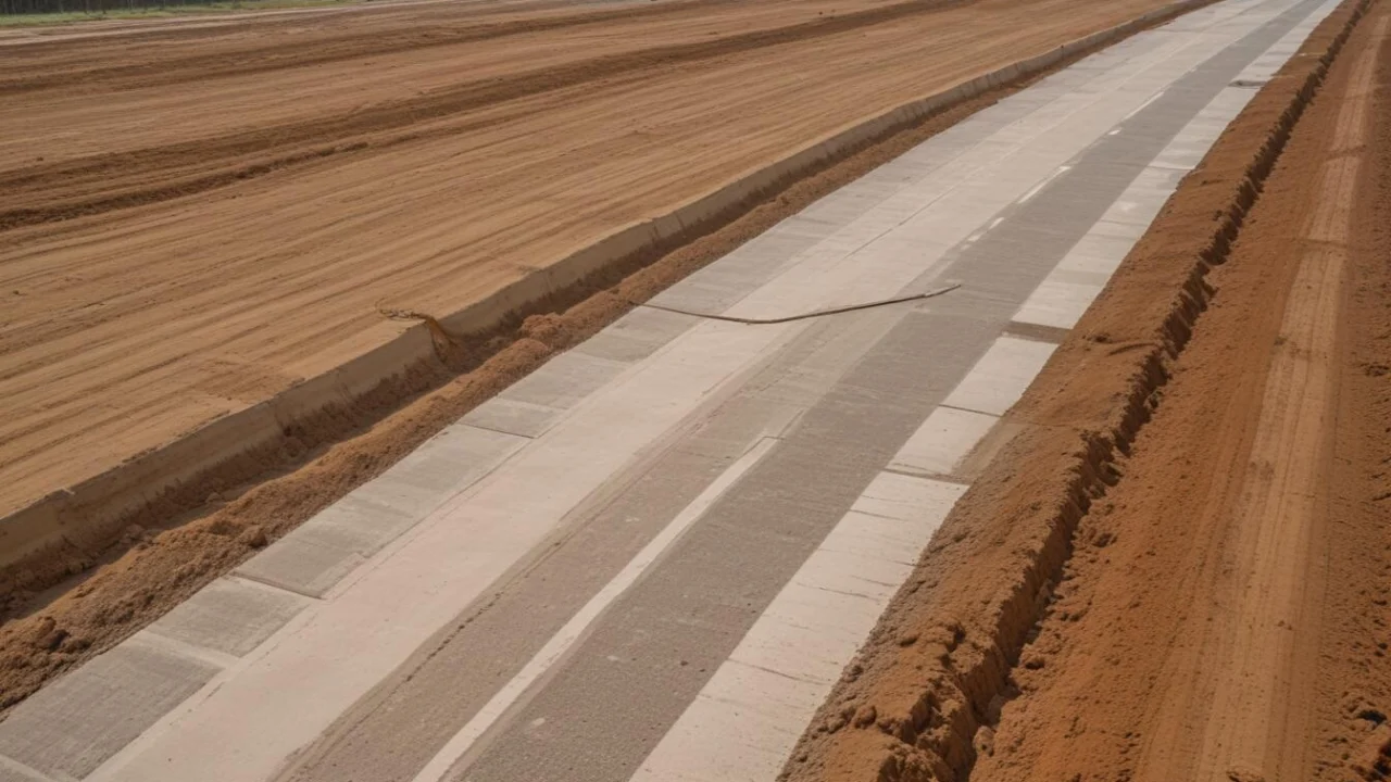 Faixas de pavimento de concreto em obra de ampliação de rodovia, com terreno de terra ao lado