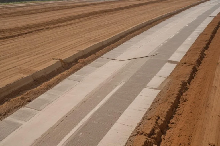 Faixas de pavimento de concreto em obra de ampliação de rodovia, com terreno de terra ao lado