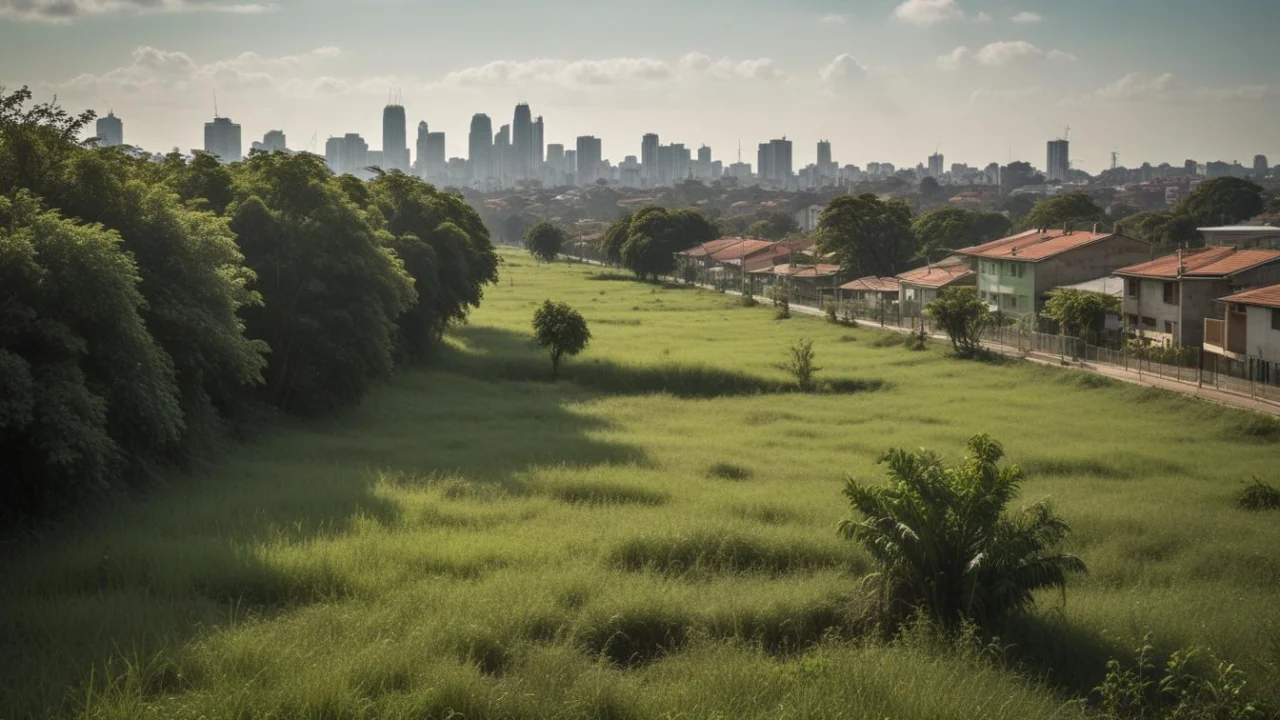 Área verde urbana com árvores de grande porte em bairro da Zona Sul de São Paulo, com a cidade ao fundo