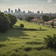 Área verde urbana com árvores de grande porte em bairro da Zona Sul de São Paulo, com a cidade ao fundo