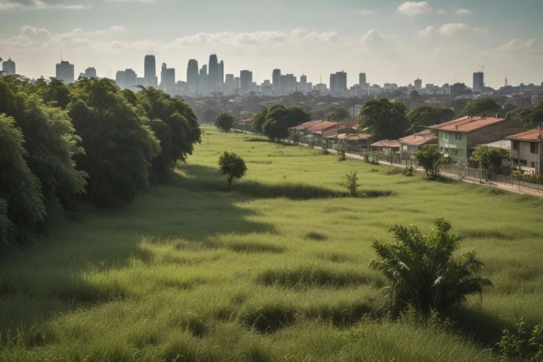 Área verde urbana com árvores de grande porte em bairro da Zona Sul de São Paulo, com a cidade ao fundo