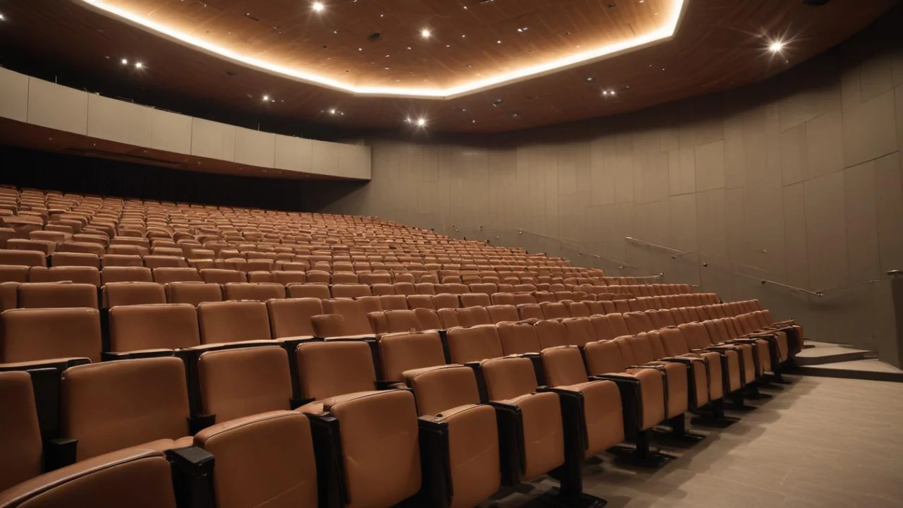 Auditório vazio de uma faculdade, com fileiras de cadeiras e luz natural pelas janelas