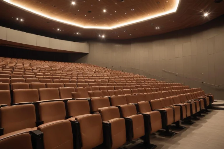 Auditório vazio de uma faculdade, com fileiras de cadeiras e luz natural pelas janelas