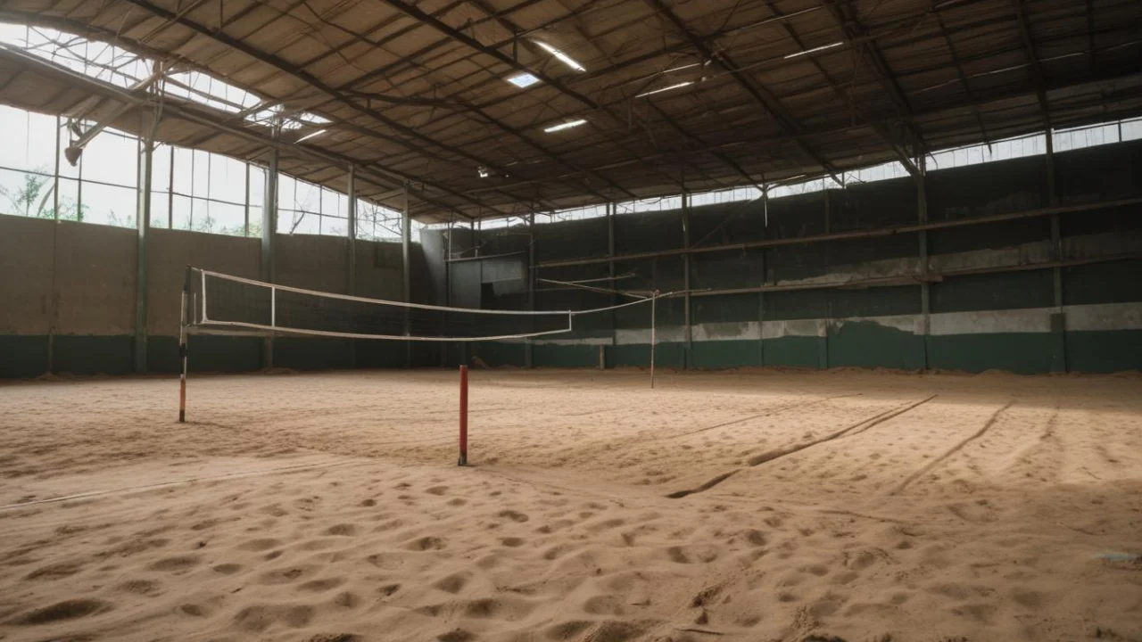 Quadra de vôlei coberta, com rede esticada ao centro e arquibancadas ao fundo